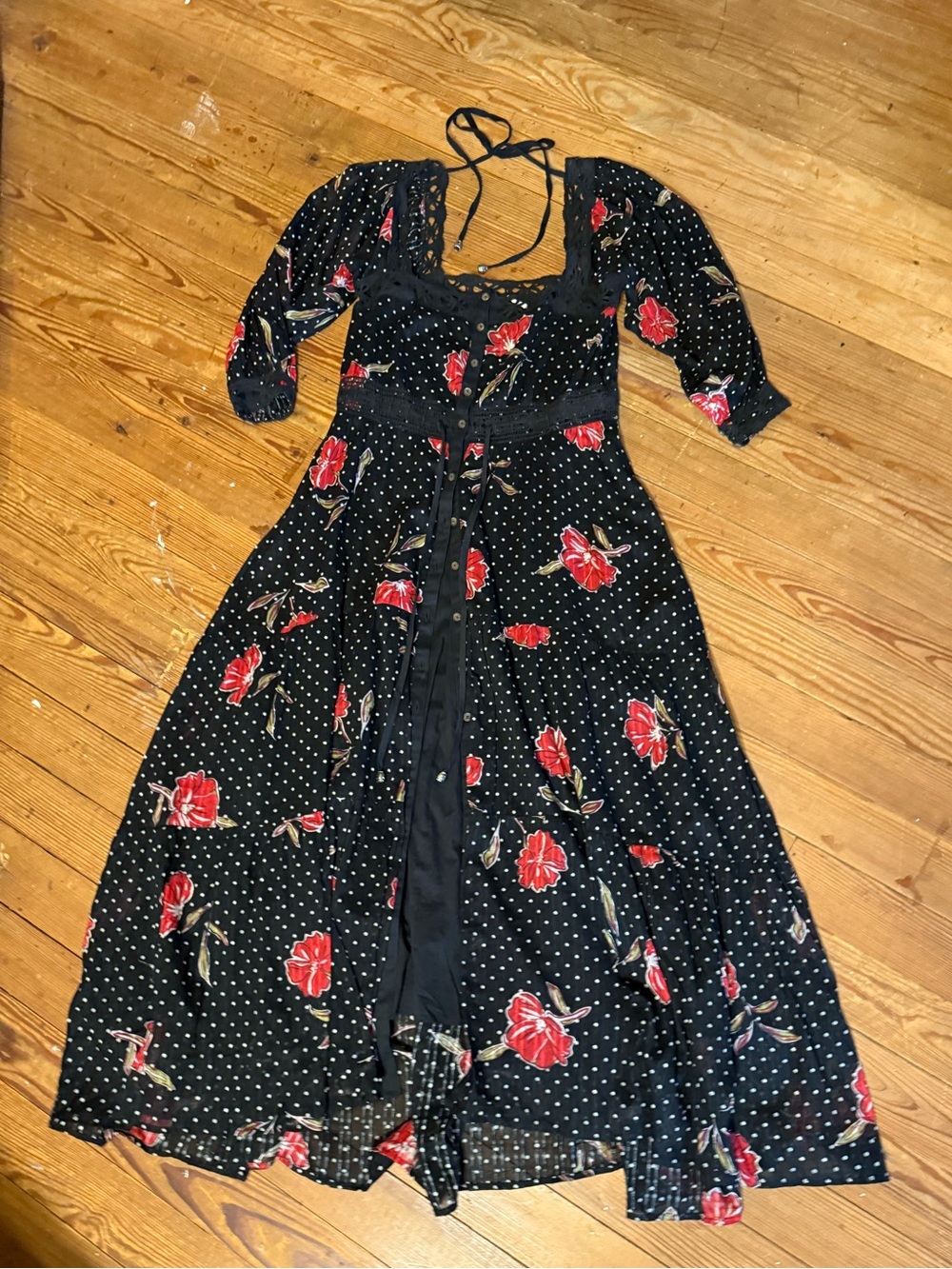 Free People Black Maxi Dress with Red Floral Print